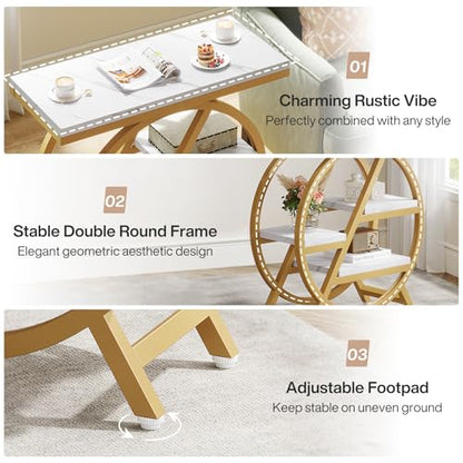 Tribesigns End Table for Living Room, 3-Tier Faux Marble Side Table with Storage, Wood Narrow Sofa Side Table with Geometric Metal Frame, Modern Nightstand and Bedside Table for Bedroom, Gold & White