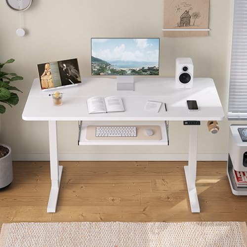 Standing Desk with Keyboard Tray, 48 x 24 Inch Adjustable Height Sit Stand Desk with Memory Presets for Home Office, Ergonomic Computer Workstation, White