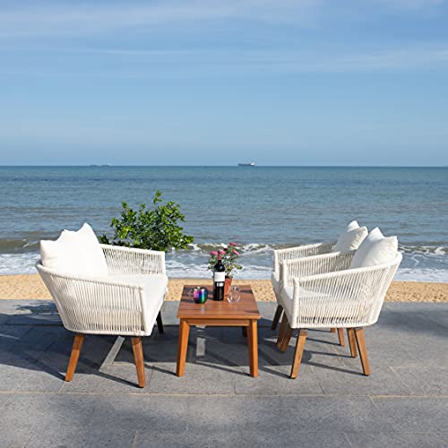 SAFAVIEH Outdoor Collection Velso Beige/Beige/Natural Solid Wood 4-Piece Conversation Patio Set