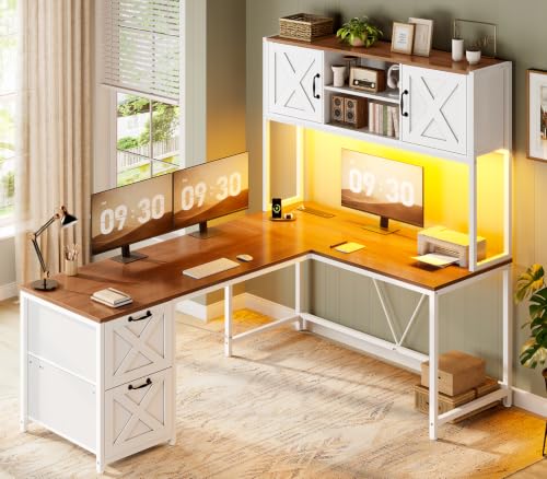 Reversible Farmhouse L Shaped Computer Desk with Drawers, Hutch, view 2
