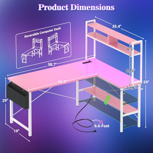 L Shaped Desk Gaming Desk, 59" L Shaped Computer Desk with LED Light & Power Outlet, Reversible Home Office Desk Gamer Desks with Shelves & Storage Bag & Hooks, Corner PC Desk, Pink