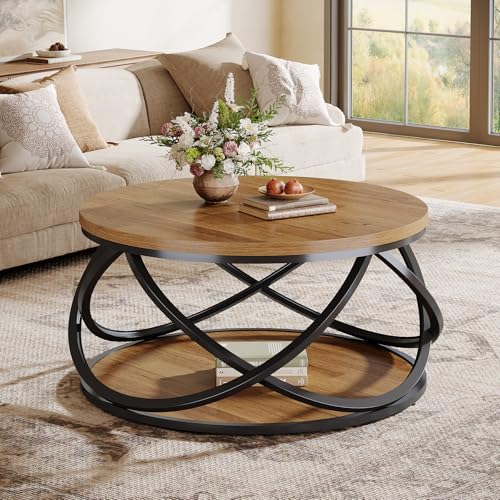 Tribesigns 2-Tier Round Coffee Table, 31.5" Circle Center Table, Wood Grain Accent Table with Storage Shelf and Cross Metal Frame for Living Room, Small Space, Rustic Brown