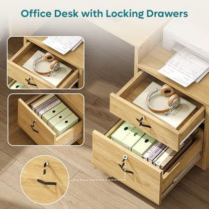 55-Inch Computer Desk with Power Outlets & LED Lights, Natural Oak, view 6