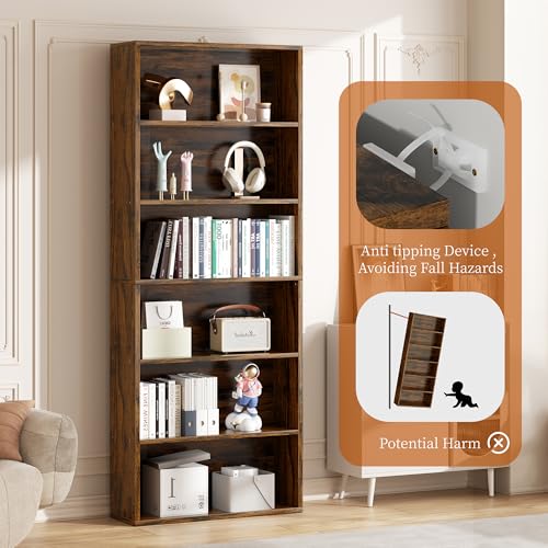 6-Tier Open Bookcase and Bookshelf, Floor Standing Wood Display Storage Shelves 71 Inch Tall Bookcase Home Decor Furniture for Home Office, Living Room, Bed Room, Rustic Brown, 2 Pieces