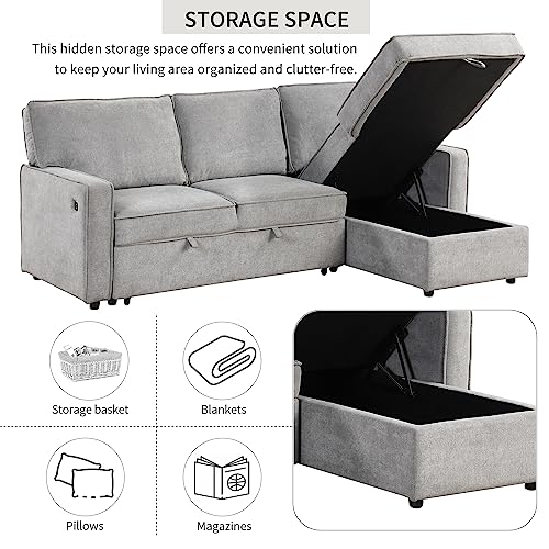 LUMISOL 89" Convertible Sleeper Sofa Bed, Modern L-Shaped Sectional Sofa Pull Out Couch with Chaise, Upholstered Sofa Bed with Cup Holder, USB Ports for Living Room, Small Apartment, Gray
