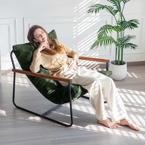 Modern Accent Chair, Comfy Living Room Chair with Metal Frame Wooden Armrest, Upholstered Armchair with Soft Cushion for Bedroom Balcony Lounge Reading Room, Dark Green