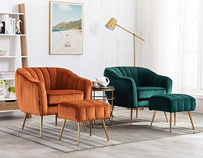 Velvet Modern Tub Barrel Arm Chair Upholstered Tufted with Gold Metal Legs Accent Club Chair with Ottoman Footrest for Living Reading Room Bedroom, Caramel Color