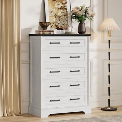 Farmhouse Dresser for Bedroom, 5 Drawers Dresser, White & Black, view 7