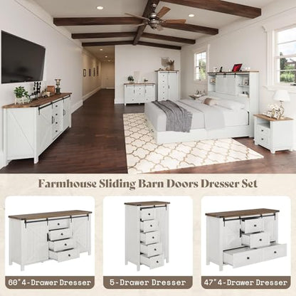 60" Farmhouse 4-Drawer Dresser with Barn Doors, Distressed White, view 7