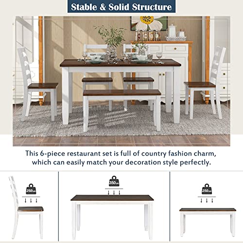 Modern 6 Piece Dining Table Set for 6, Farmhouse Wooden Rectangular Kitchen Table Set with 4 Chairs & a Bench, Kitchen Room Furniture Set (Walnut + Cottage White)