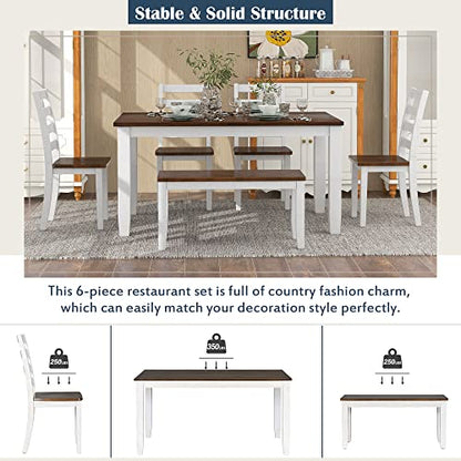 Modern 6 Piece Dining Table Set for 6, Farmhouse Wooden Rectangular Kitchen Table Set with 4 Chairs & a Bench, Kitchen Room Furniture Set (Walnut + Cottage White)