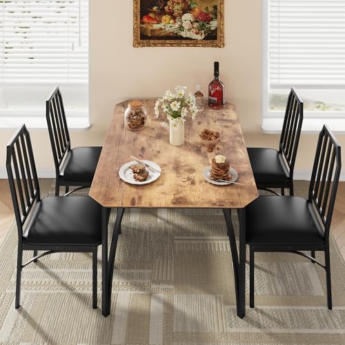 Dining Table Set for 4, Kitchen Table Set of 4 with Upholstered Cushion Chairs, Dining Room Table Set with Kitchen Chairs, Easy to Assemble, Suitable for Apartment - (Rustic Walnut)
