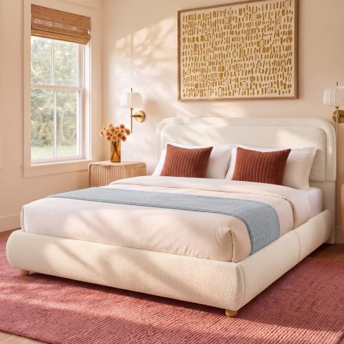 Cloud Queen Bed Frame with Headboard, Solid Wood Legs, Beige, view 4