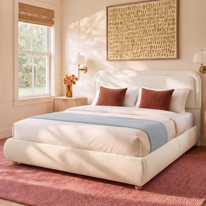 Cloud Queen Bed Frame with Headboard, Solid Wood Legs, Beige, view 4