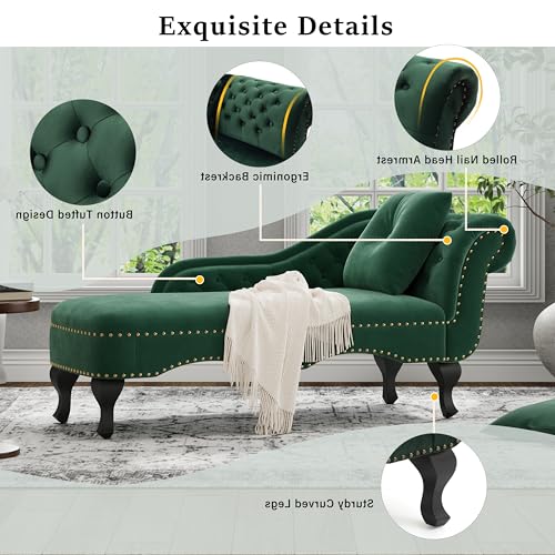 62'' Velvet Chaise Lounge Indoor with 1 Pillow and Nailhead Trim, view 4