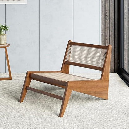 Mid Century Modern Chair Japandi Walnut Rattan and Wood Lounge Chairs Armless Accent Chair for Living Room Bedroom Balcony & Patio