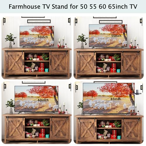 Farmhouse TV Stand for 55-65in TV with Adjustable Shelves & Sliding Barn Door - Rustic, Wooden Entertainment Center & Media Cabinet for Bedroom, Living Room (Dark Brown, 58in)
