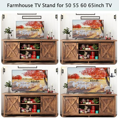 Farmhouse TV Stand for 55-65in TV with Adjustable Shelves & Sliding Barn Door - Rustic, Wooden Entertainment Center & Media Cabinet for Bedroom, Living Room (Dark Brown, 58in)