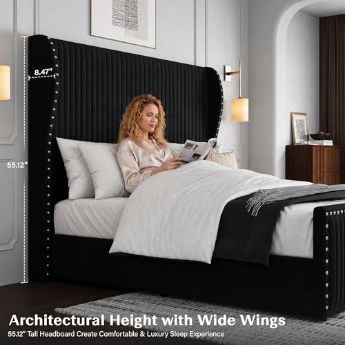 Queen Size Bed Frame with 55" Headboard Nailhead Trim Design, Black, view 6