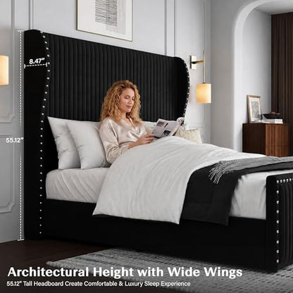 Queen Size Bed Frame with 55" Headboard Nailhead Trim Design, Black, view 6