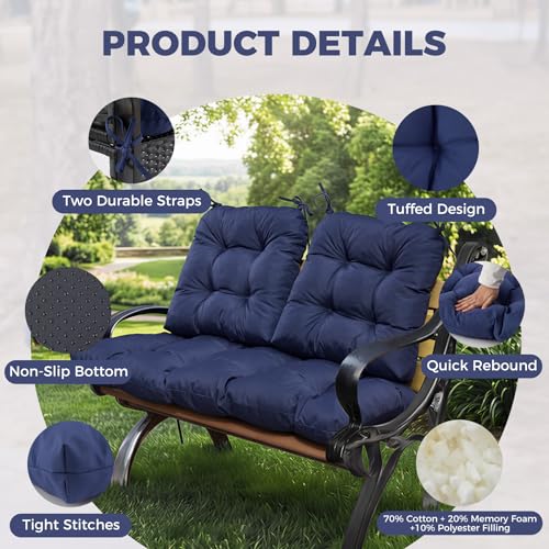 Wicker Chair Cushions of 3 Pieces, Waterproof Cushions for Patio Furniture, Tufted Wicker Outdoor Furniture Cushions, 1 Patio Loveseat Cushion and 2 U-Shaped Cushions, 44"x19"x5", Navy Blue