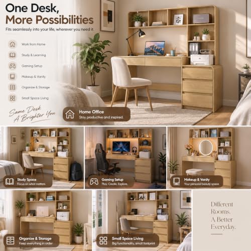 55" Computer Desk with Hutch, File Cabinet, Power Outlets & LED Lights, view 6