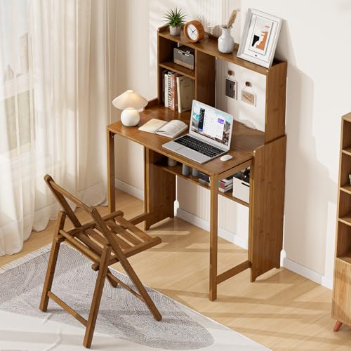 Folding Desk with Bookshelf, Compact Foldable Desk for Small Spaces,Brown, view 5