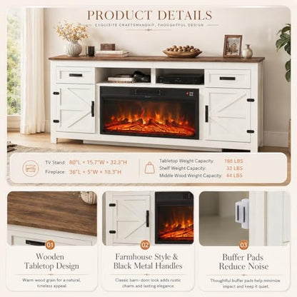 Farmhouse Fireplace TV Stand with Barn Door, 80 inch, White, view 6