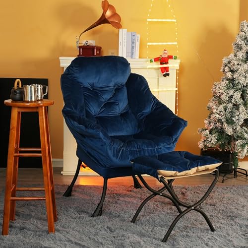 Kokel Lazy Chair with Folding Ottoman,Living Room Chairs, Accent Contemporary Lounge Chair, Single Steel Frame Leisure Sofa Chair with Armrests and A Side Pocket (Blue)
