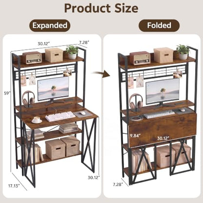 Small Computer Desk with Hutch, Foldable Desk with Shelves for Home Office, view 3