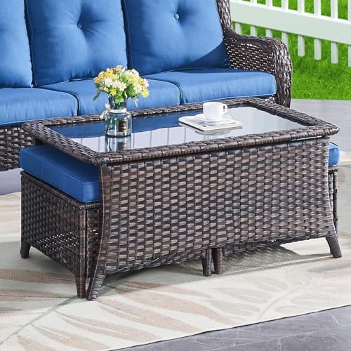 Outdoor Coffee Table with Tempered Glass Top, Patio Rectangular Brown Wicker, Handwoven Rattan Coffee Table Compatible with Patio Furniture Sets for Porch Deck Backyard
