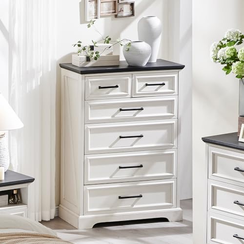 6 Drawer Dresser, Tall Farmhouse Chest for Bedroom, Off White, view 7