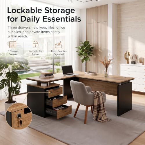 63" L Shaped Executive Desk, Modern Office Desk with 3 Drawers & Locking Storage, view 6