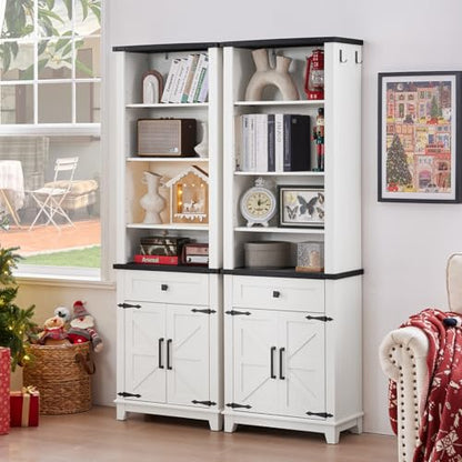 72in Tall Bookshelf 7 Tier Bookcase with Drawer and Barn Doors and Adjustable, view 4
