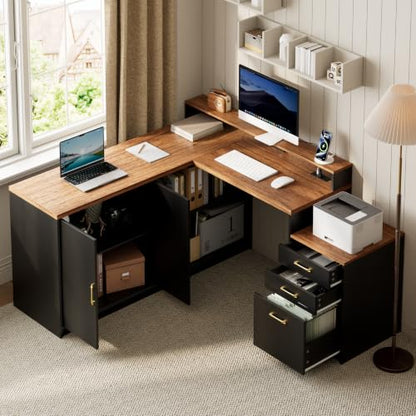 L Shaped Executive Desk with Storage Cabinet and Power Outlet, Office Desk, view 4