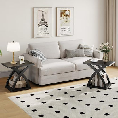 End Side Table Set of 2, Modern End Table with Storage Shelf, X-Design Side Table Living Room