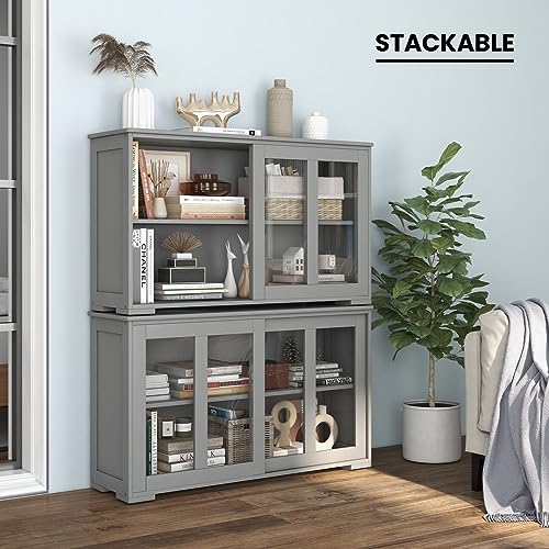 Buffet Sideboard with Storage, 2-Door Floor Cupboard | Sliding Tempered Glass Cabinet & Adjustable Shelf, Stackable Storage Cabinet for Kitchen, Entryway (Gray)