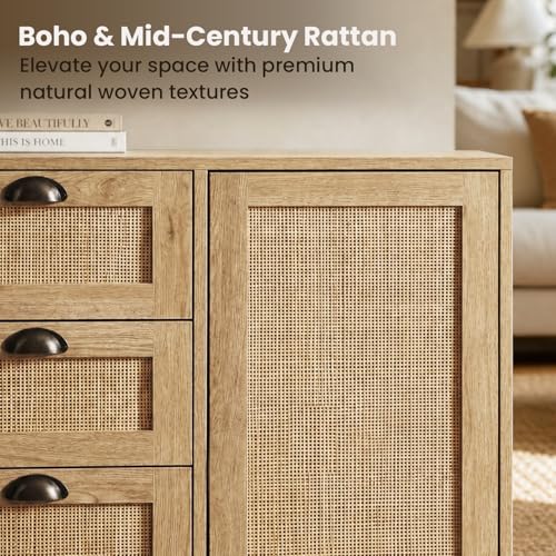 47.2-Inch Rattan Sideboard Buffet, 3 Drawers, 2 Doors, Natural, view 6
