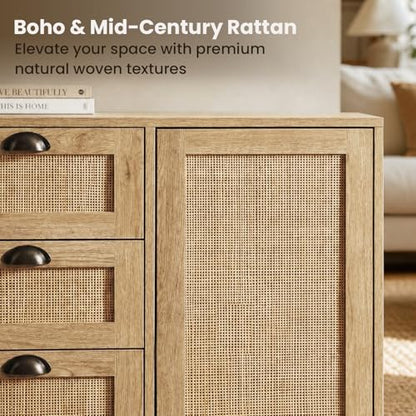 47.2-Inch Rattan Sideboard Buffet, 3 Drawers, 2 Doors, Natural, view 6