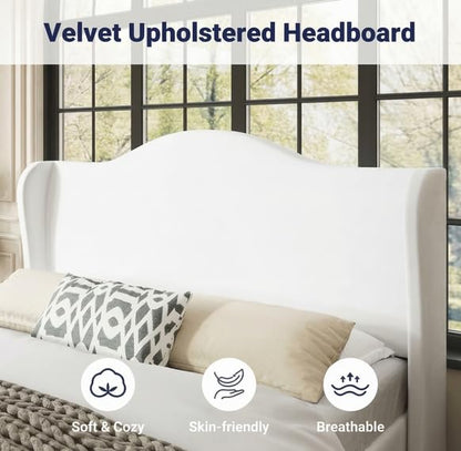 White Plush Velvet Wingback Queen Bed Frame, view 5