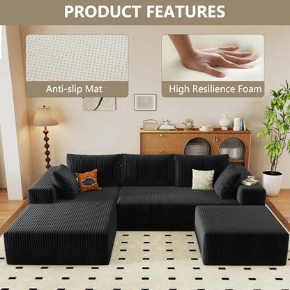 96" Cloud Sectional Couch with U-Shaped Chaise, Corduroy Sectional Sofa with Ottoman, Boneless Couch with Deep Seat in a Box for Living Room, No Assembly Required (Black, Left Facing Chaise)