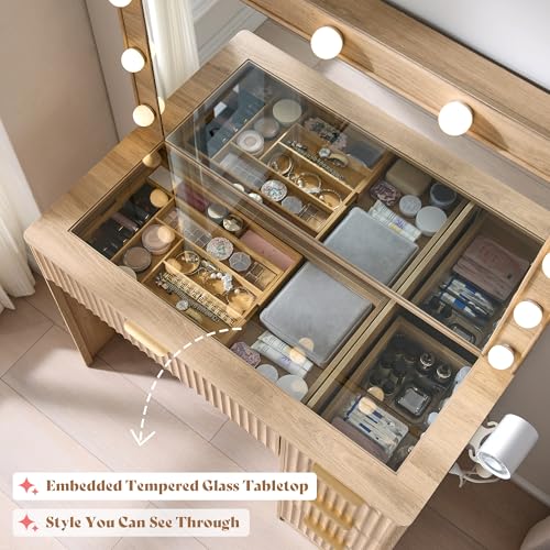 36.2" Fluted Vanity Desk with Large Mirror and Lights, Natural Oak, view 7