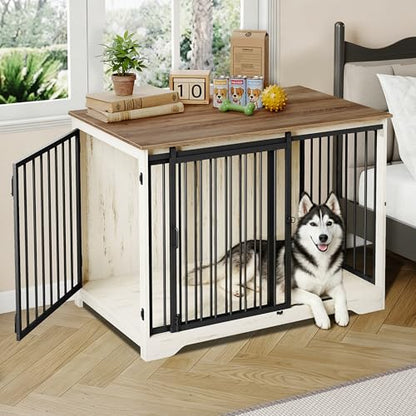 46.9" Dog Crate Furniture with Barn Door, Heavy Duty Dog Kennel Indoor with 2 Doors, Wooden Pet Cage End Table for Large Medium Dogs, Anti-Chew Anti-Escape, White Brown DFC93314B