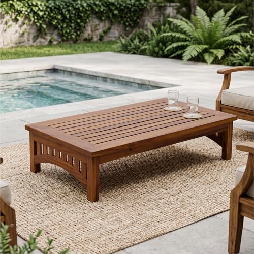49" Acacia Wood Outdoor Coffee Table, Slatted Patio Table, Mid Century Modern Low Profile Small Outdoor Table Patio Furniture for Living Room Backyard Poolside Balcony, Natural