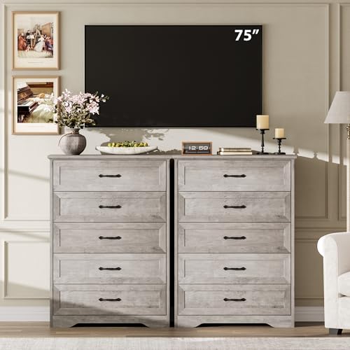 Farmhouse Wood 43.9" Tall 5 Drawer Dresser for Bedroom, Grey, view 7