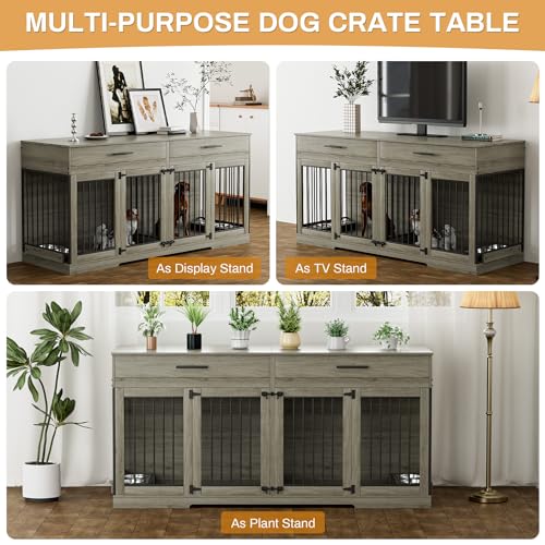 72" Double Dog Crate Furniture for Medium Large Dogs, Grey, view 7