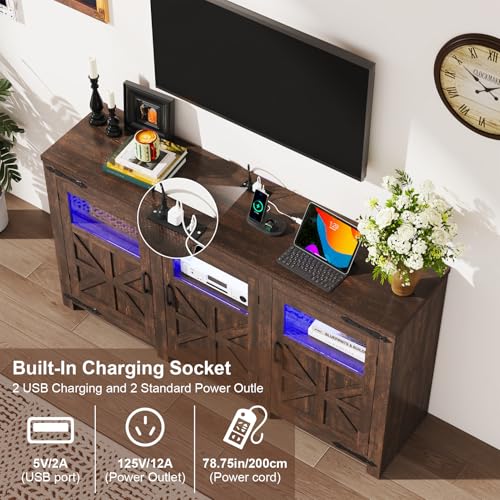 64" Large LED Farmhouse TV Stand for 70/65/60 Inch TVs with Power Outlets, view 5