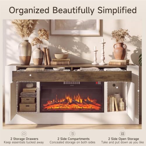 Modern 70 inch TV Stand with Electric Fireplace and Storage, White, view 7