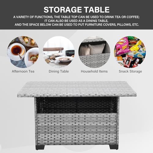 Outdoor PE Wicker Coffee Table - Patio Rattan Garden Furniture Multi-Functional Storage Tea Dining Table, Grey