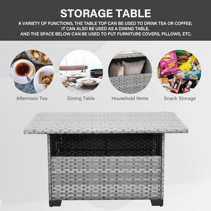 Outdoor PE Wicker Coffee Table - Patio Rattan Garden Furniture Multi-Functional Storage Tea Dining Table, Grey